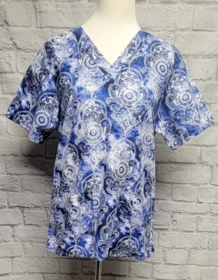 TAFFORD UNIFORMS XS BLUE WHITE TIE DYE PAISLEY MEDALLION S/S SCRUB MEDICAL TOP - Image 1 of 4