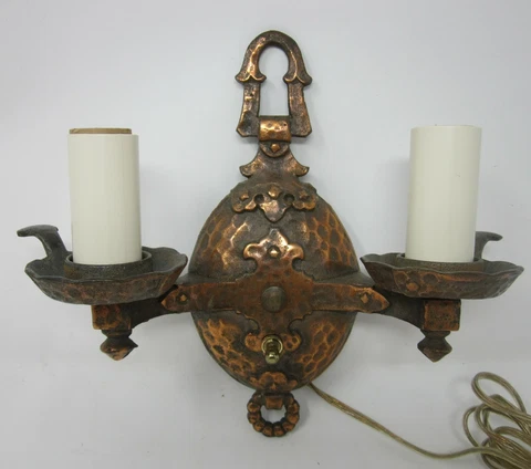1910s Wall Light Sconce Arts & Crafts Mission Beaten Copper 2-Candle New Wiring Cover