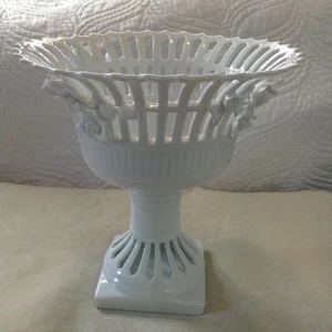 2 pc Pedestal and Basket, Woven (Reticulated) Porcelain, Glossy, Applied Roses - Picture 1 of 9