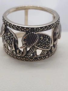 MARC 925 Sterling Silver 3 Lucky Elephant Ring Wide Marcasite Band 13mm Size 7 - Picture 1 of 11