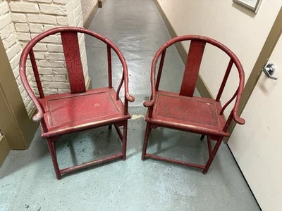Винтажные китайские подковообразные стулья в стиле Мин с красной краской - Изображение 1 из 4