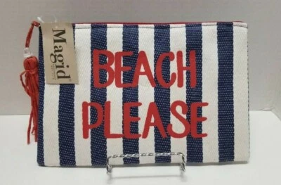 Bolso clutch de bikini aislado MAGID azul marino y rojo con acento de borlas 'BEACH PLEASE' NUEVO Foto 1 de 4