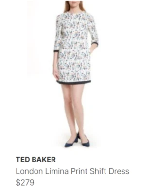 Vestido TED BAKER London Col. Marfil Blanco Azul Estampado Limina Manga 3/4 2 TB = 6 EE. UU. Foto 1 de 4