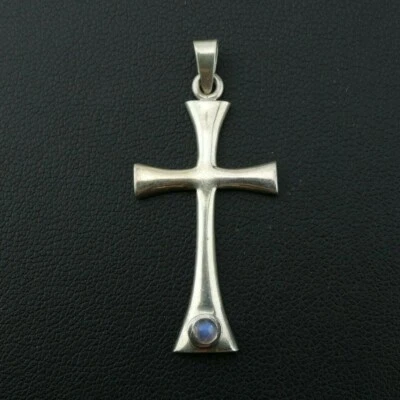 Blue Moonstone Vintage Gemstone Silver Cross Pendant - Image 1 of 4