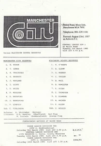 Manchester City Reserves v Blackburn Rovers Reserves 1984/5 (5 Mar) - Picture 1 of 1