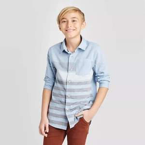 Cat & Jack Boys' Blue Long Sleeve Pocket Striped Button-Up Shirt Size 4-5 XS - Picture 1 of 3
