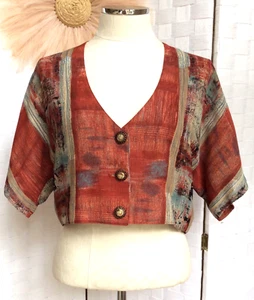 VTG 80s 90s Platinum Dorothy Schoelen Crop Button Up Santa Fe Brown Art USA M - Picture 1 of 19