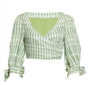 CINQ A SEPT Women's Flora Check Faux Wrap Top Size S Hemp (Green)/White NWT - Picture 1 of 4