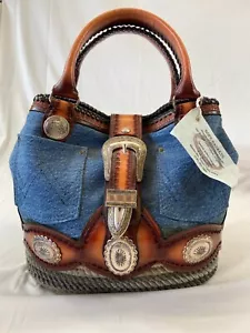 Womens Western Purse Handbag Rope Basket Bag Denim Leather Hand Crafted Blue - Picture 1 of 13