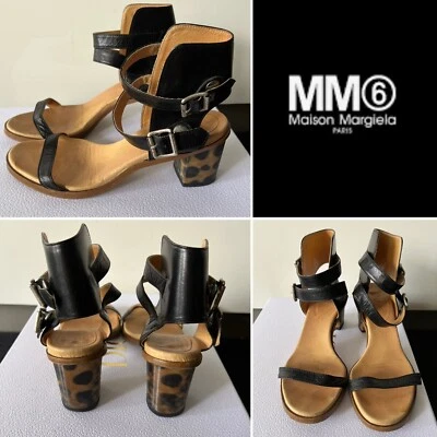 MM6 Maison Margiela Lenticular Black Leopard Heel Leather Strap Sandals 38IT/8US - Image 1 of 4