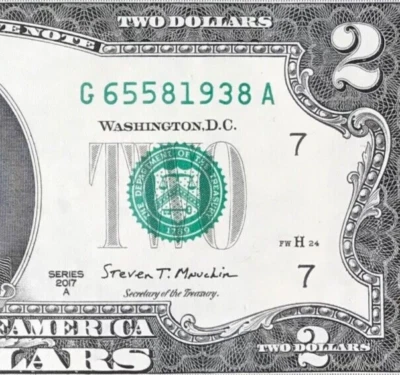 G 6558 1938 A : TRAILING YEAR 1938 $2 Two Dollar Bill Serial Number - Image 1 of 3