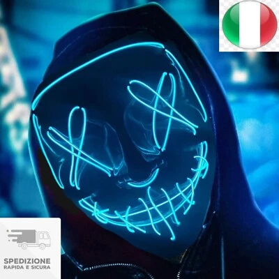 Maschera Luci Led  V vendetta  Halloween Carnevale Occhi Bocca Cucite Blu neon  - Immagine 1 di 4