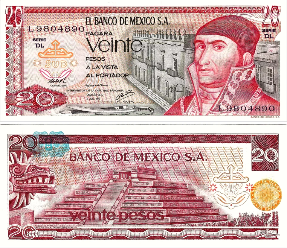 墨西哥,20 比索,墨西哥银行 S.A.,7-8-1977,系列 DL,S/N L9804890,P-64d — 第 1/1 张图片
