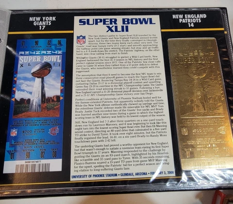 Super Bowl XLII 22kt Gold Ticket Stub New England Patriots Vs New York Giants Cover