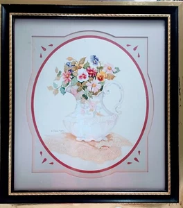 Vintage "Gerahmte Blumen im Krug" signiert von Patricia Maltbie - Bild 1 von 2