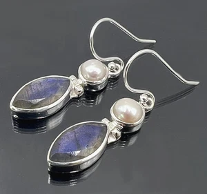 TOPMK-SCHMUCK OHRHÄNGER 925/-SILBER, RHODINIERT, LABRADORIT, SÜSSWASSERPERLEN - Bild 1 von 2