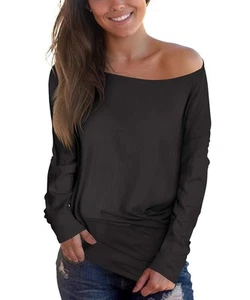 Cosonsen Women Loose Fit Tunic Top Long Sleeve Boat Neck T Shirt Black XL - Picture 1 of 5