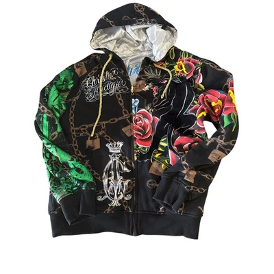De colección Christian Audigier Reversible Tatuaje Gráficos Sudadera con Capucha Chaqueta Grande Foto 1 de 4