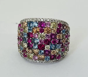 Anillo de diseño de plata de ley 925 con zafiro multicolor y topacio cúpula ancha talla 7 - Imagen 1 de 17