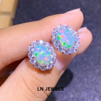 Simulated Fire Opal 4Ct Oval Cut Halo Stud Earrings 14K White Gold Plated Silver - Image 1 of 4