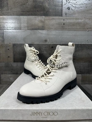 Jimmy Choo Cruz Botines Planos Blanco Granulado Cuero con Perla Cristal Talla 38.5 Foto 1 de 4