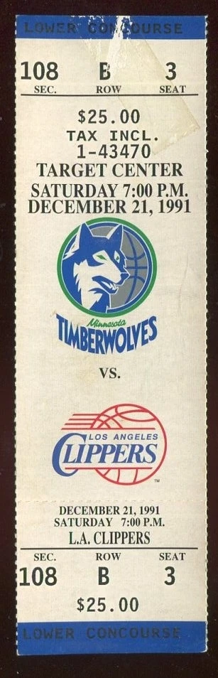 Ticket Basketball Minnesota Timberwolves 1991 - 92 12/21 Los Angeles Clippers - Image 1 of 1