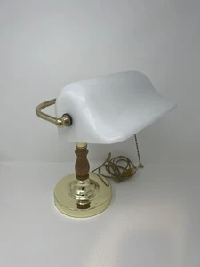 STRATFORD COLLECTION Brass Finish Bankers Lamp Wood Accent & Opal Glass Shade - Picture 1 of 9