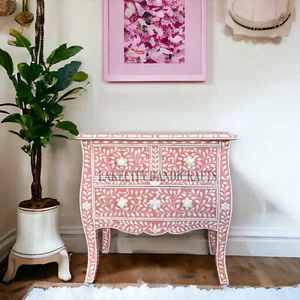 Bone Inlay Floral Design 3 Drawers Bedside Table Pink, Bone Inlay Floral Design - Picture 1 of 3