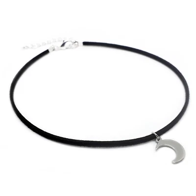 Collana ecopelle nera Donna choker con ciondolo LUNA in Acciaio girocollo nero - Immagine 1 di 4