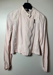 Stoosh Jacket Womens Large Pink Linen Blend Lace Shoulders Moto Zip Bikercore L - Picture 1 of 13