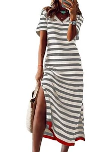 Women's Summer Maxi Dress Casual Loose Long Dress Short Sleeve Color Block Sp... - Picture 1 of 6