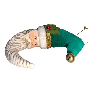 Santa Claus Crescent Moon Bisque Porcelain Christmas Ornament With Velvet Hat - Picture 1 of 9