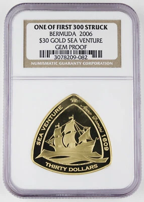 Bermuda 2006 1 Oz Gold Proof Triangular $30 Sea Venture Coin NGC GEM Proof +COA - Image 1 of 4
