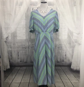 Ralph Lauren Size 16 Dress Green Blue V-Neck Striped A-Line Midi Short Sleeve B7 - Picture 1 of 11