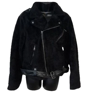 Polo Ralph Lauren Jacket Plus XXL Black Shearling Leather Biker Belted Moto $398 - Image 1 of 4
