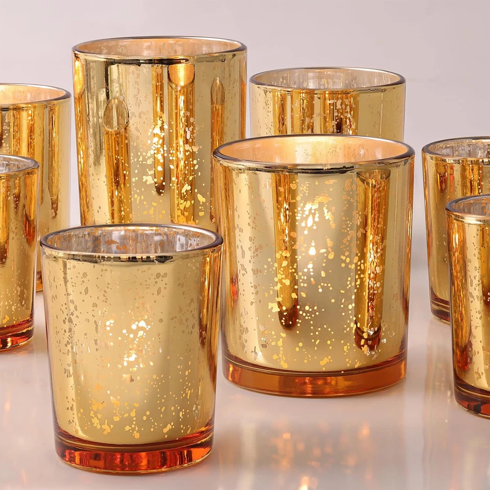 Volens 12Pcs Assorted Gold Votive Candle Holders Large Speckles Mercury Glass V