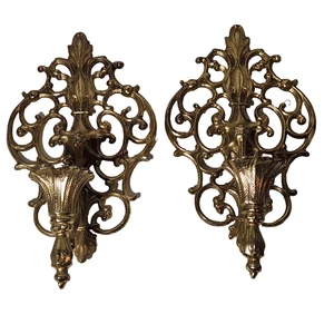 Taper Candle Holders Pair of 10" Cast Metal Wall Sconce Cottagecore Ornate - Picture 1 of 12