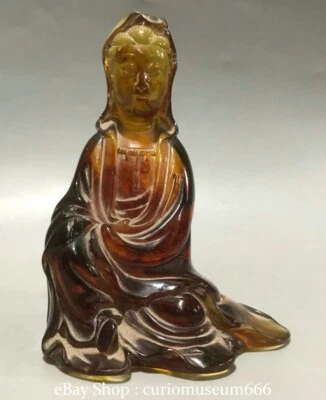 4'' Old Chinese Amber carving Free Kwan-yin Guan Yin Goddess Sculpture statue - Image 1 of 4