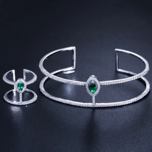 Conjunto de joyas brazalete anillo brazalete redondo grande piedra circonita cúbica verde para mujer - Imagen 1 de 11
