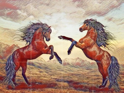 Mosaic Ceramic Panel of two Horses Backsplash Tile Mural Wall Art - Image 1 of 4