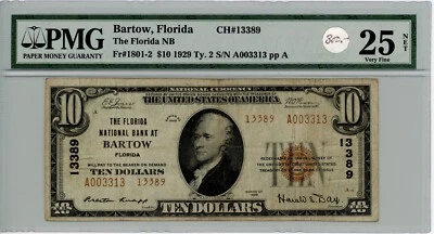 1929 type 2 $10 Florida National Bank at Bartow, FL PMG 25 Charter# 13389 - Image 1 of 2