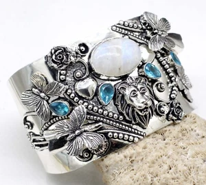 925 Sterling Silver Moonstone & Topaz Gemstone Jewelry Cuff Bracelet Size-ADJ - Picture 1 of 7