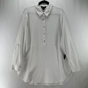 Tahari Tunic Top Sz L Linen Blend Collared Button Up Long Sleeve Curve Hem White - Picture 1 of 13