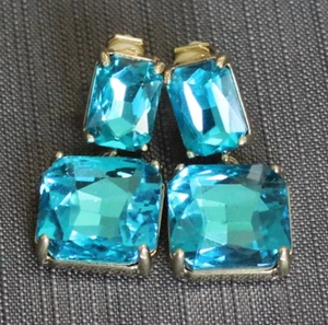 Faceted Blue Crystal Double Square Clip on Drop Earrings Party Formal - Picture 1 of 5