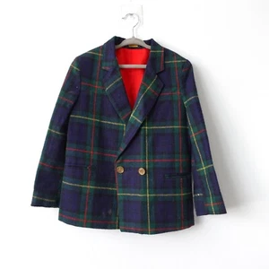 VINTAGE Disney Blazer Boy 7R Green Wool Plaid Scottish Suit Jacket Tartan USA - Picture 1 of 14