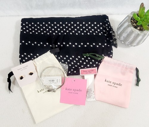 Kate Spade Set 3 Pezzi Nero Pois Sciarpa Orecchini Braccialetto TUTTO NUOVO