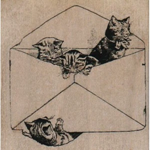 Wood Rubber Stamp, Cats Playing In Envelope, Fun,Cat,Mail Media,Kitty,Pet,Kitten - Picture 1 of 2