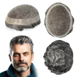 Mens Toupee Human Hair Replacement System French Lace Poly Grey Hairpieces #1B50 - Picture 1 of 8