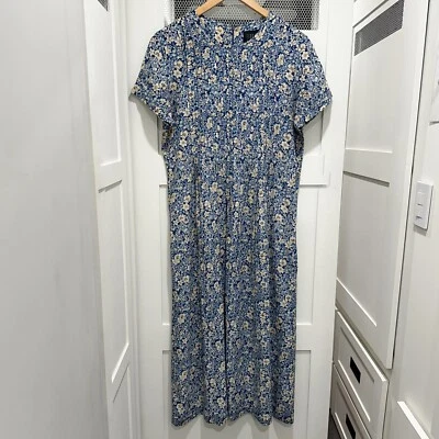 Vtg 90s Teddi Midi Dress Medium Blue White Teacher Floral Boho Pleat Cottagecore - Image 1 of 4