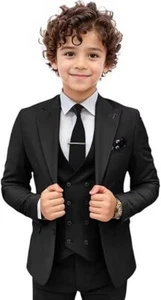 Boys Formal Suit Set 3 Piece Peak Lapel Ring Bearer Suit Slim Fit Kids Tuxedo - Picture 1 of 41